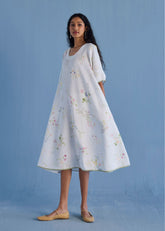 Nami Floral Printed Linen Dress - White